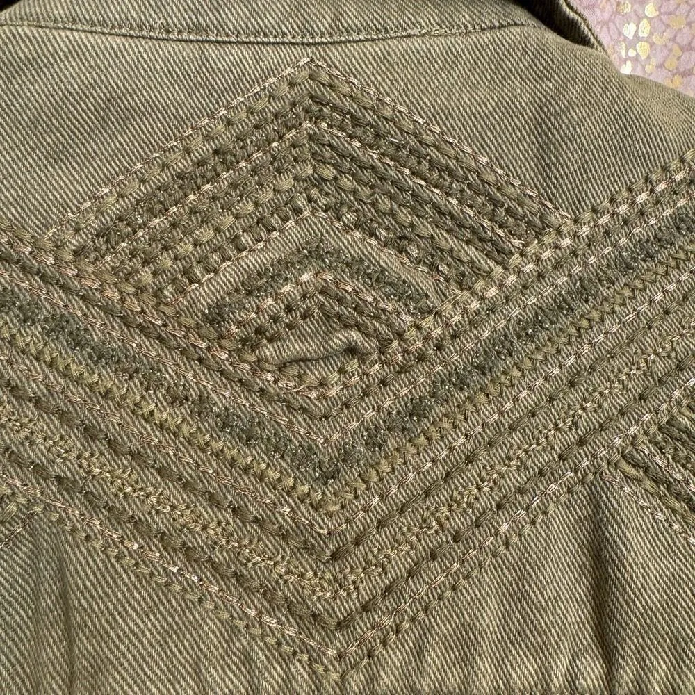 Idyllwind Olive Green Gold Stich Military Style Zip Jacket Medium - Image 9