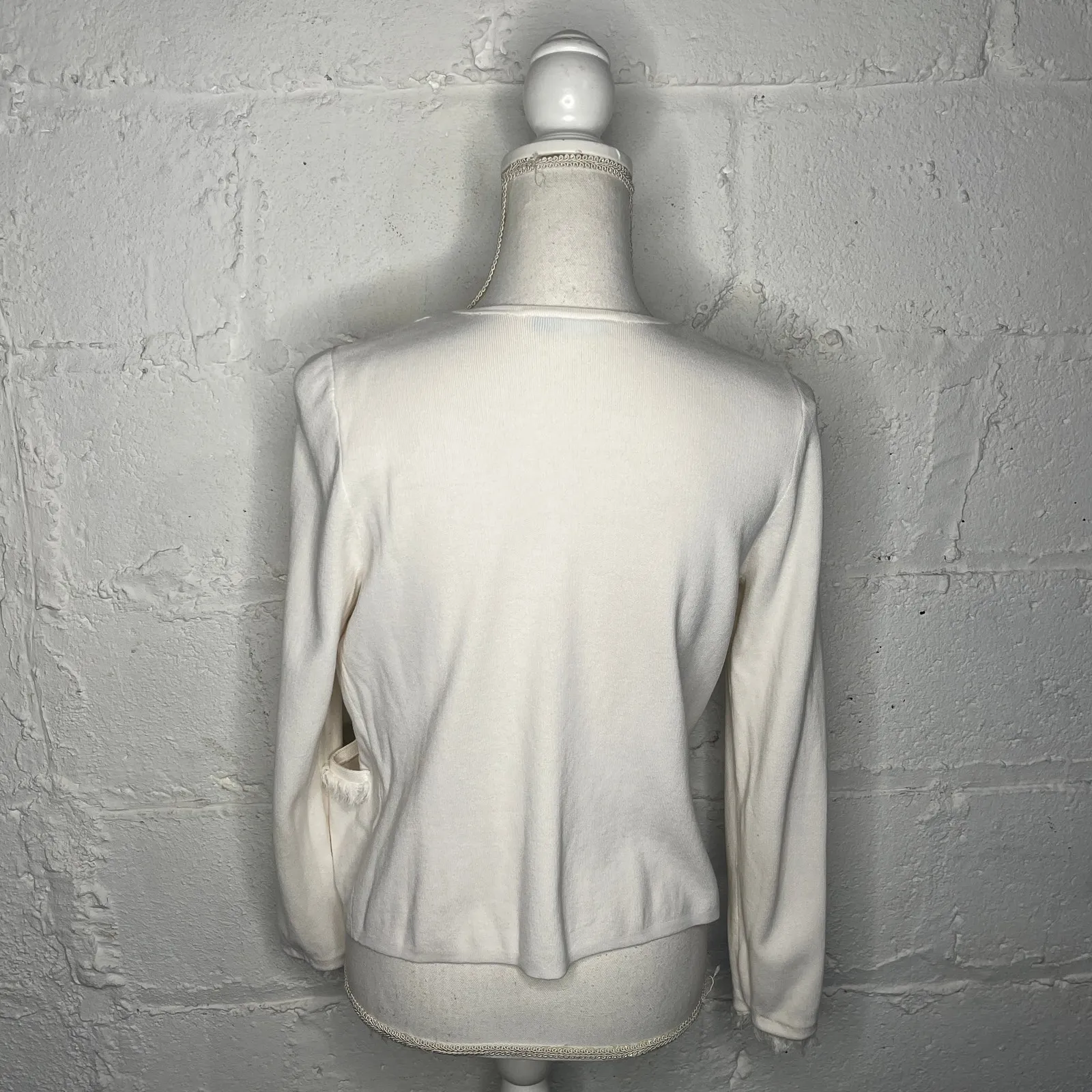 J. McLaughlin Marie Open Front Frayed Cardigan Patch Pocket Women White Medium - Image 3