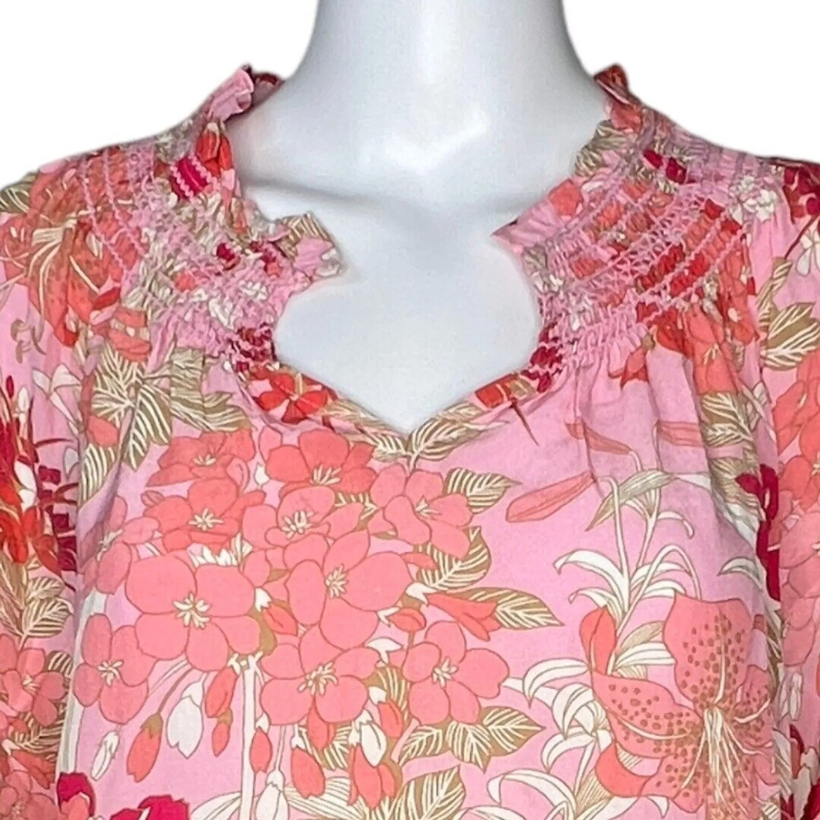 Talbots Blouse Womens Small Petite Pink Floral Flower Smocked Popover Feminine‎ - Image 5