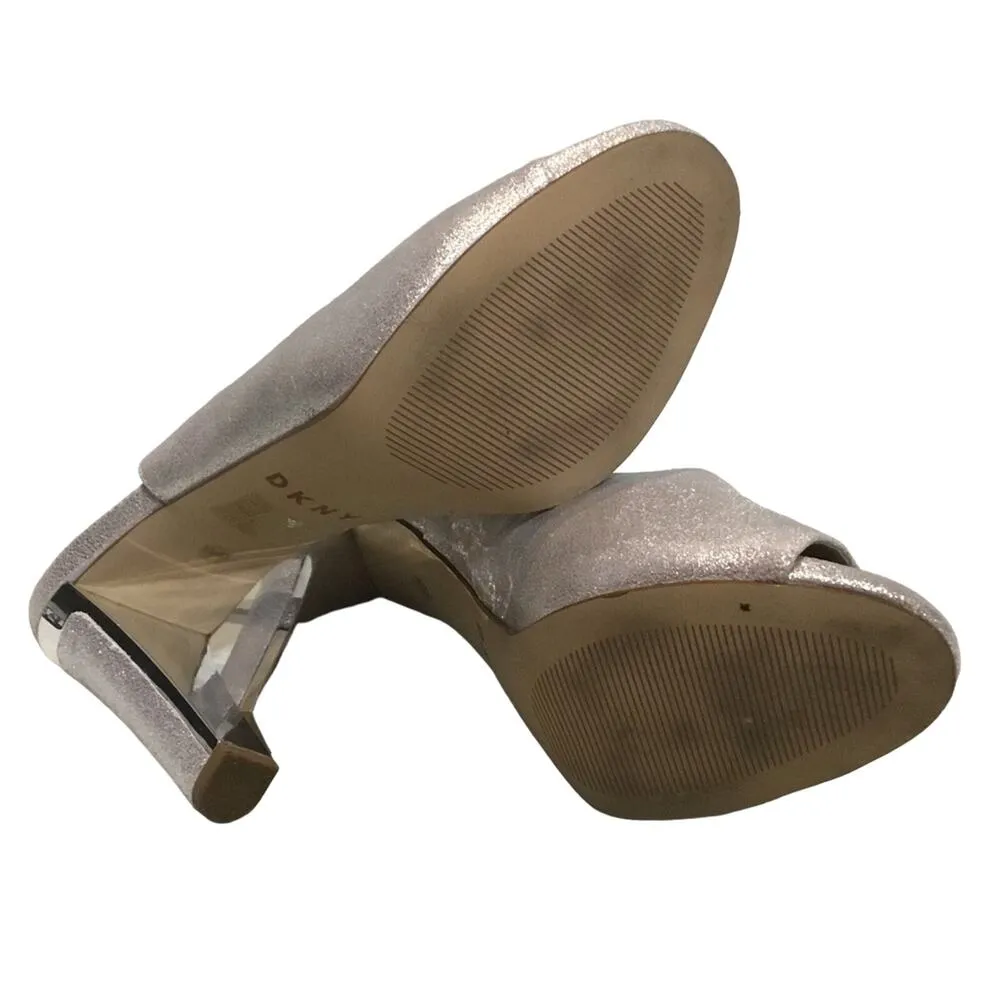 DKNY Glitz MET Suede Leather Silver Peep Toe Cocktail Party Sandal Heels - Image 4
