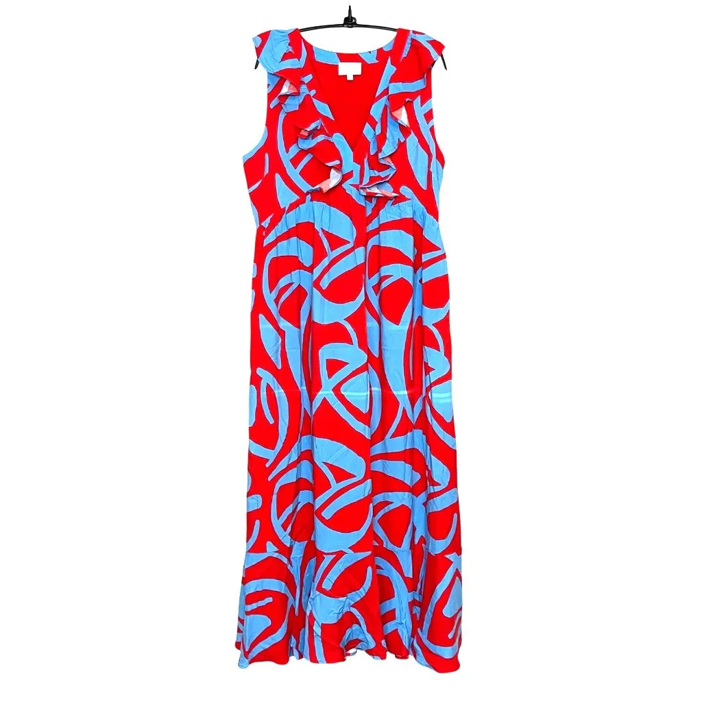 Sugarlips Ohana Bayla Deep V Maxi Dress Women's‎ Size Large 100% Rayon Red, Blue - Image 4