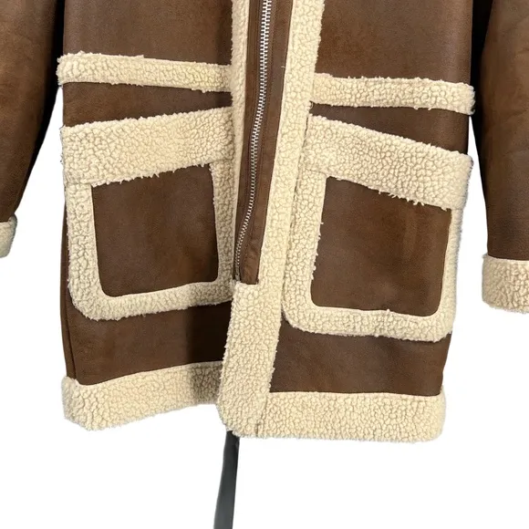 Avec Les Filles Women’s Reversible‎ Faux Shearling Hooded Coat Brown Tan Size S - Image 4