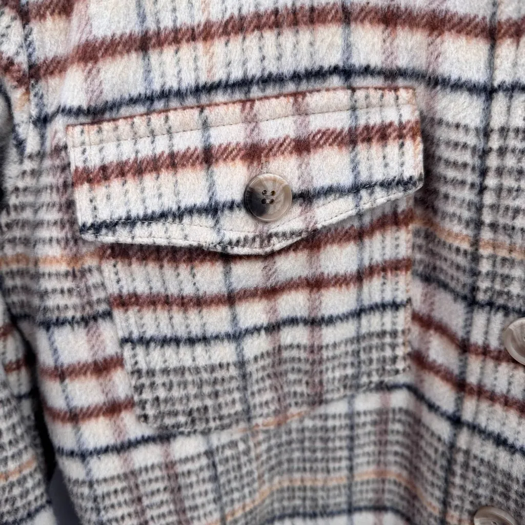 Joie Shacket Womens Small Cream Brown Black Plaid Polyester Wool‎ Blend Pockets - Image 6