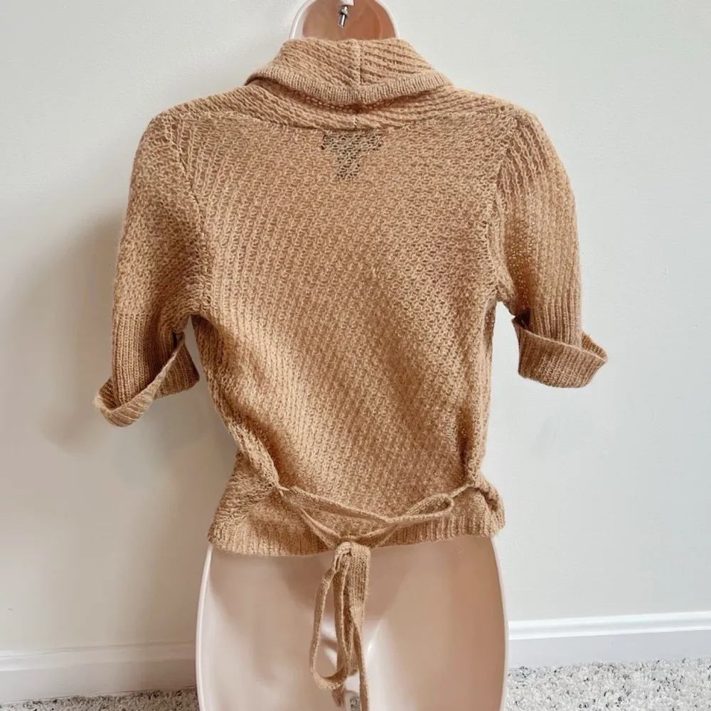 Express Mohair Wool Tan Short Sleeve Cropped Cowl Neck Knit Cardigan Sweater S - Image 3
