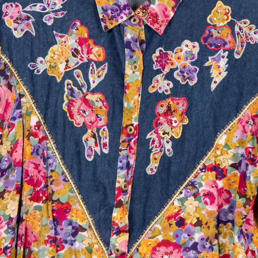 Jane Ashley VTG Floral Denim Western Shirt S 80s 90s Sequin Long Sleeve Buttons - Image 4