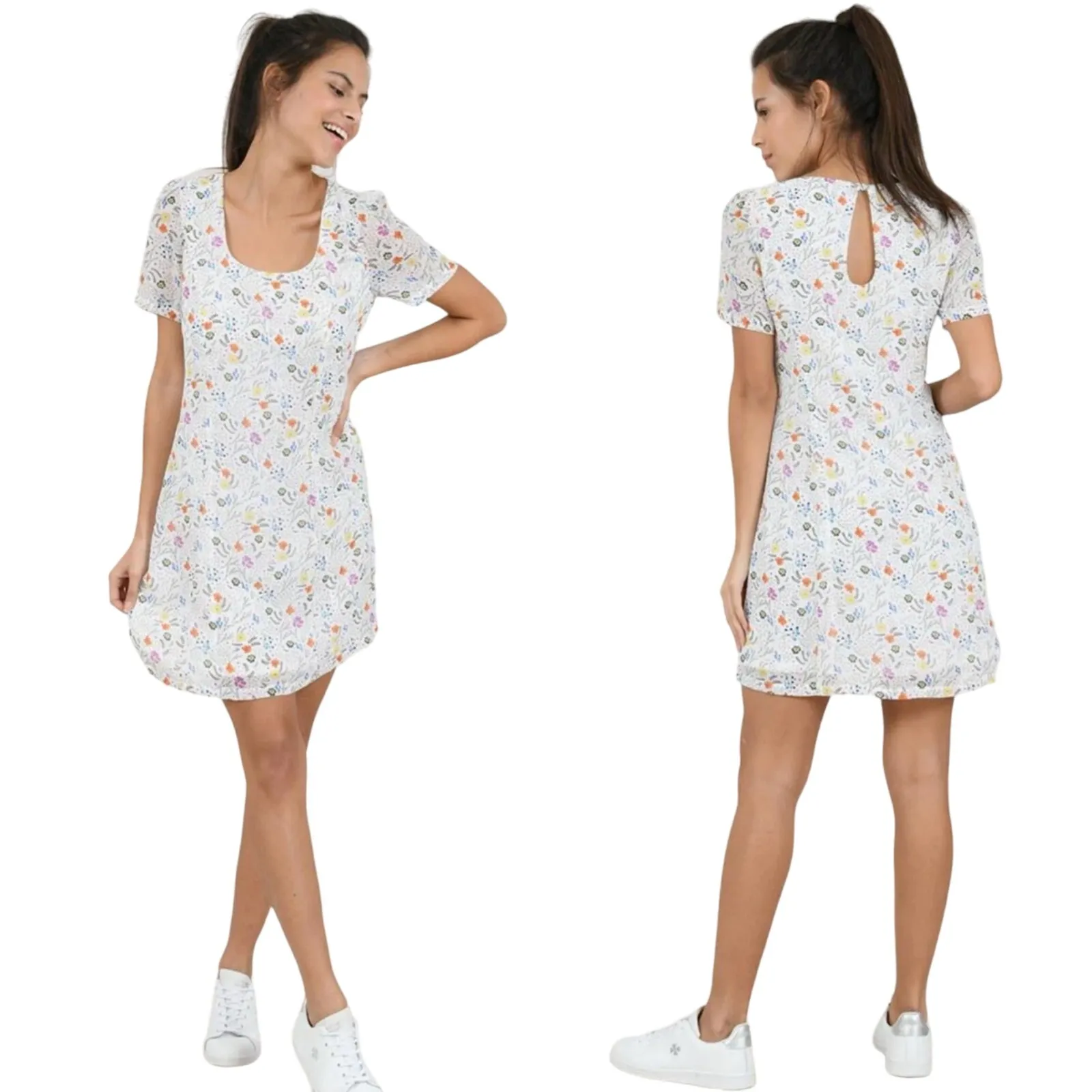 Molly Bracken White Floral Short Sleeve Scoop Neck Mini Dress Size Medium - Image 8