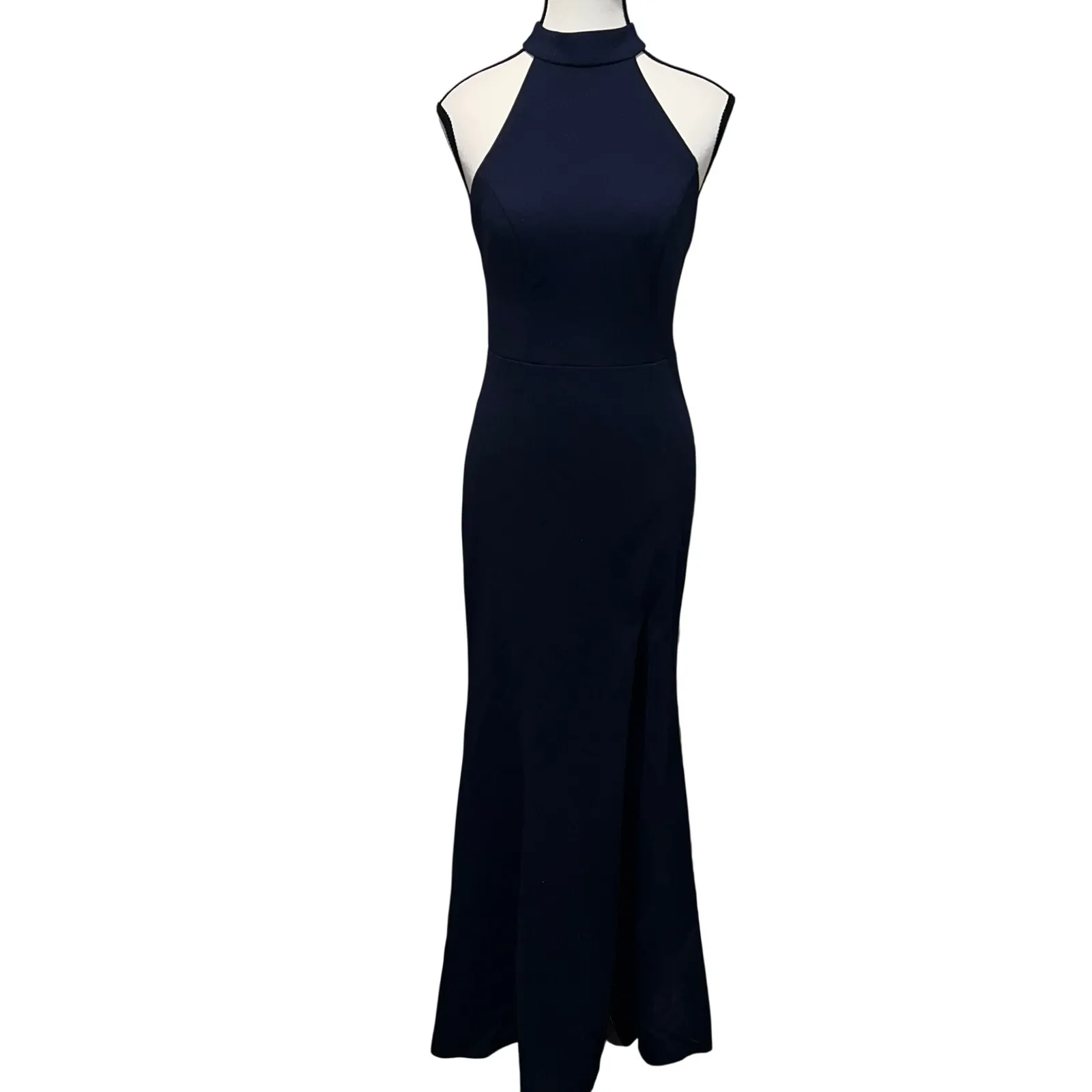 BHLDN Lennox High Neck Side Slit Stretch Crepe Maxi Dress Navy Blue Size 2 - Image 3