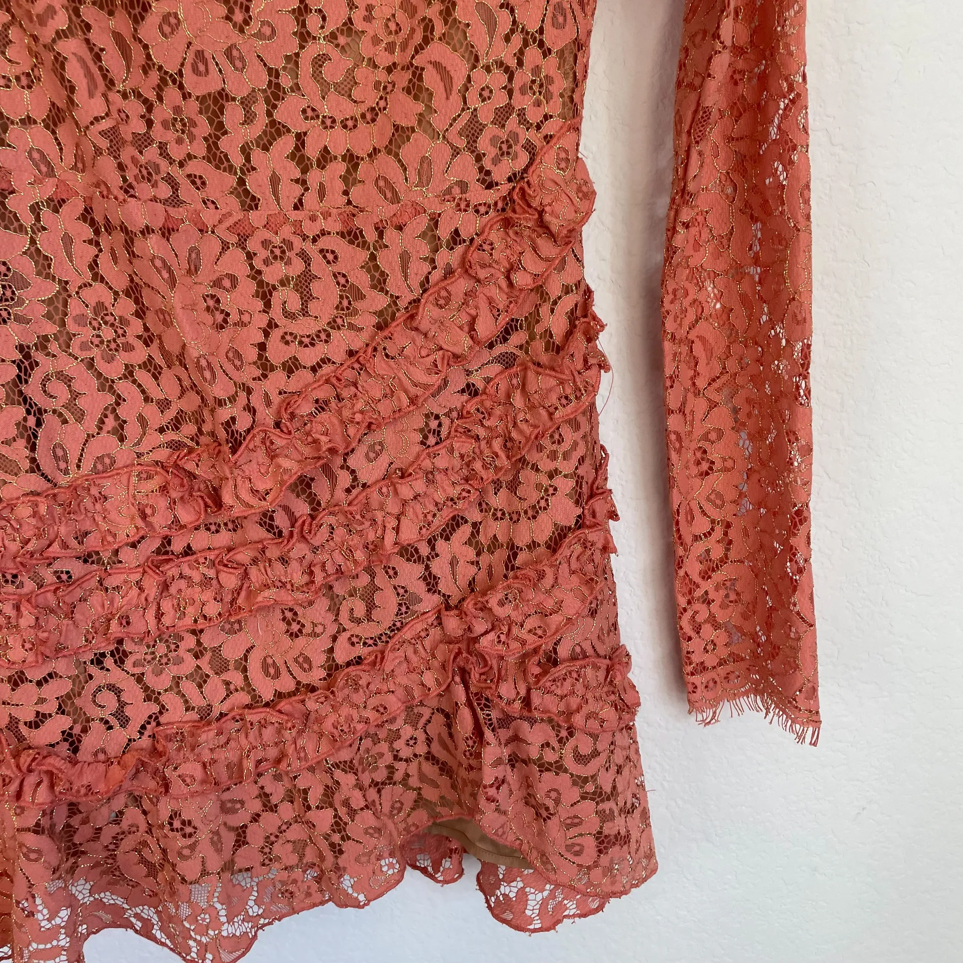 Revolve  Lee Coral Lace Ruffle Long Sleeve Mini Dress - Image 9