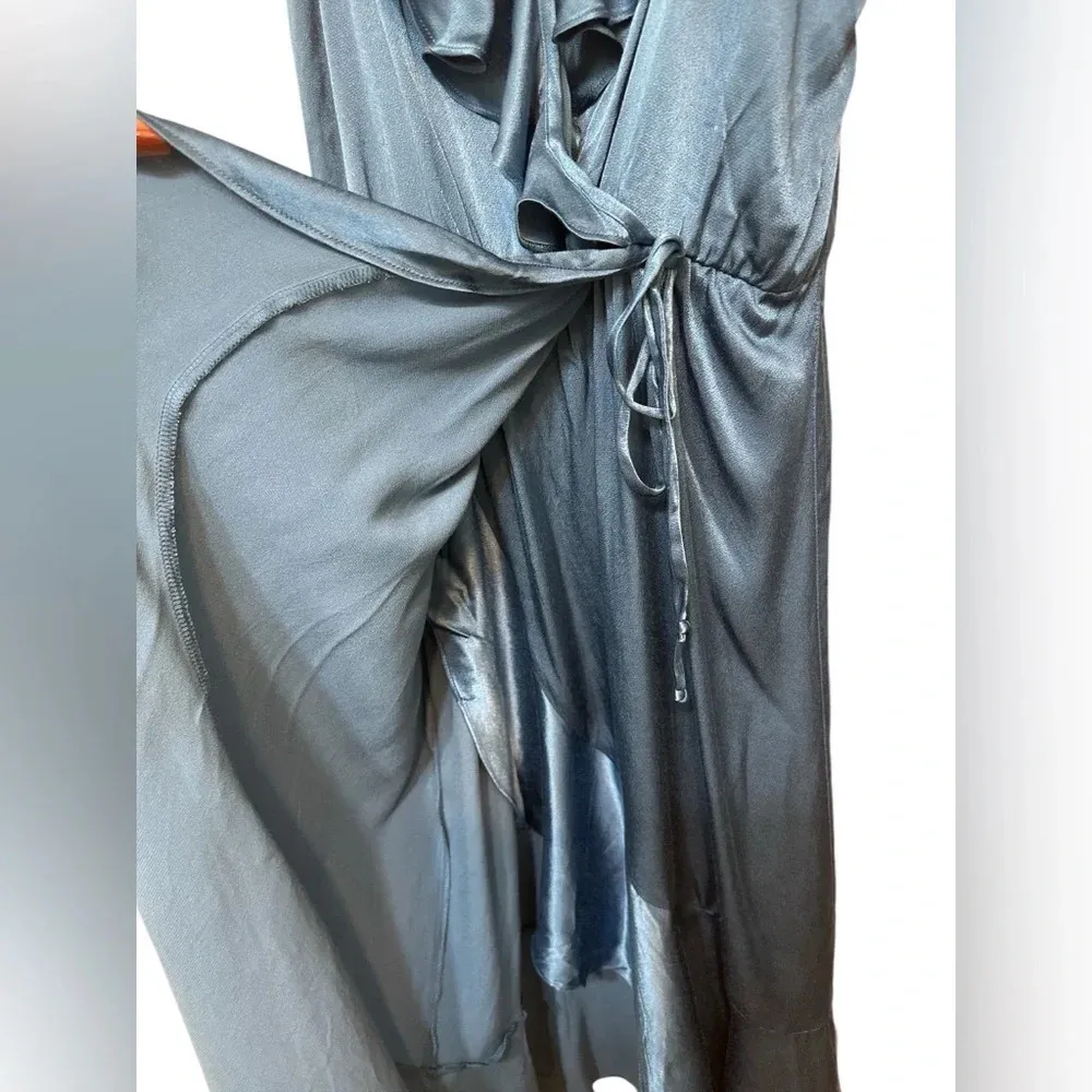 Socialite Blue Satin Ruffle Faux Wrap Dress - Image 5