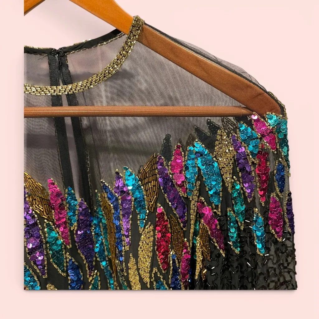 Vintage 80s Nite Line silk mesh beaded sequin floating neckline mini dress fancy Black Size XS - Image 3