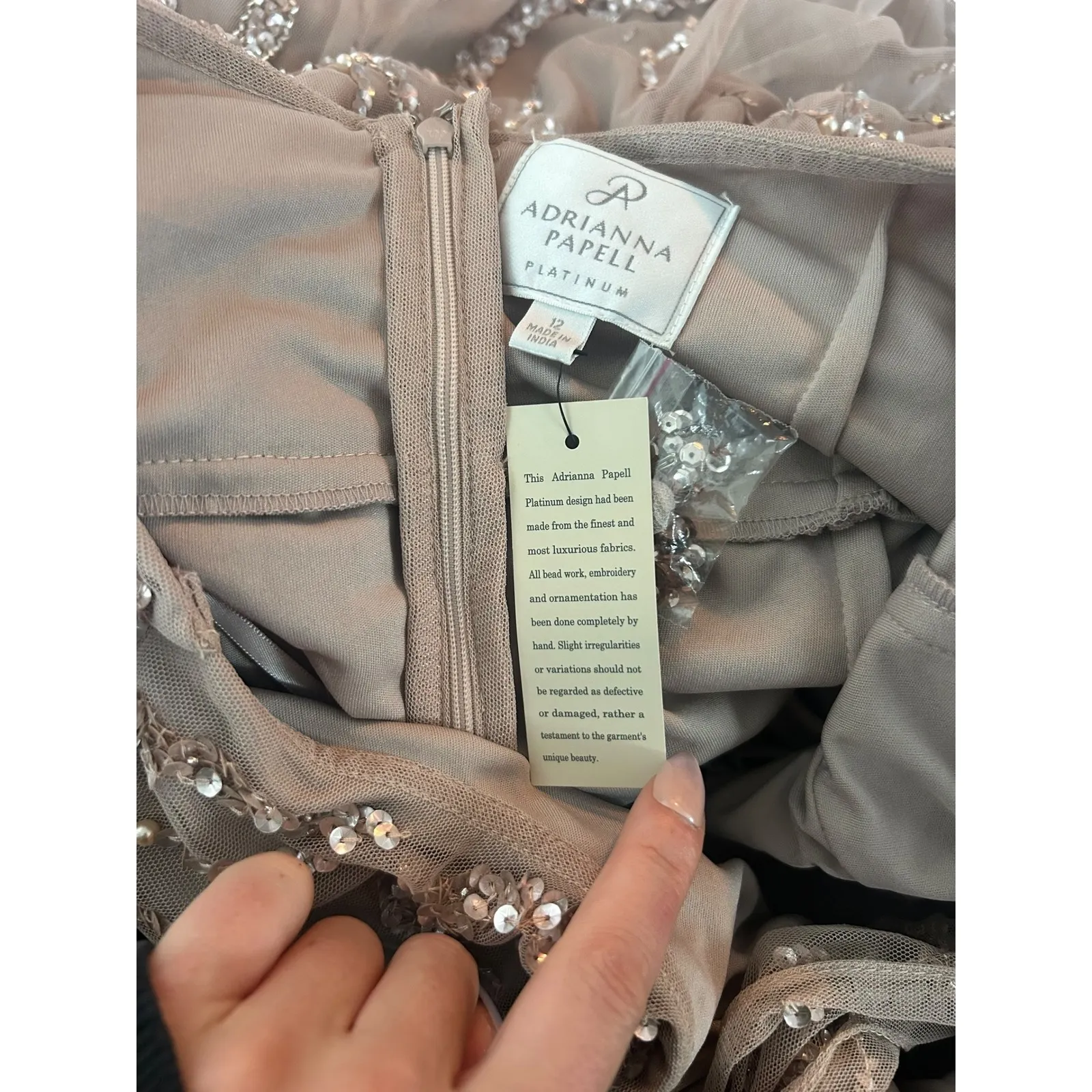 Adrianna Papell Platinum Style No. 40284 Embellished Halter Neck Gown Taupe 12 Tan - Image 9