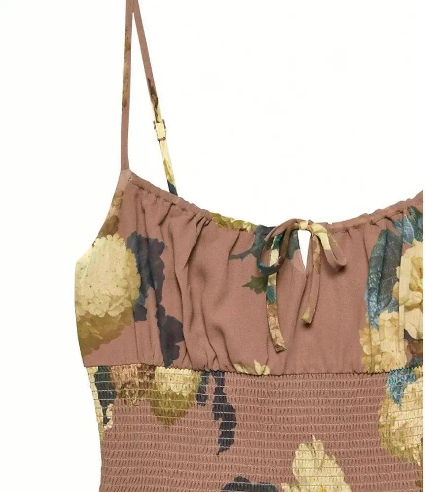 Wilfred Genoa mauve brown smocked side slit floral midi dress Small Purple - Image 6