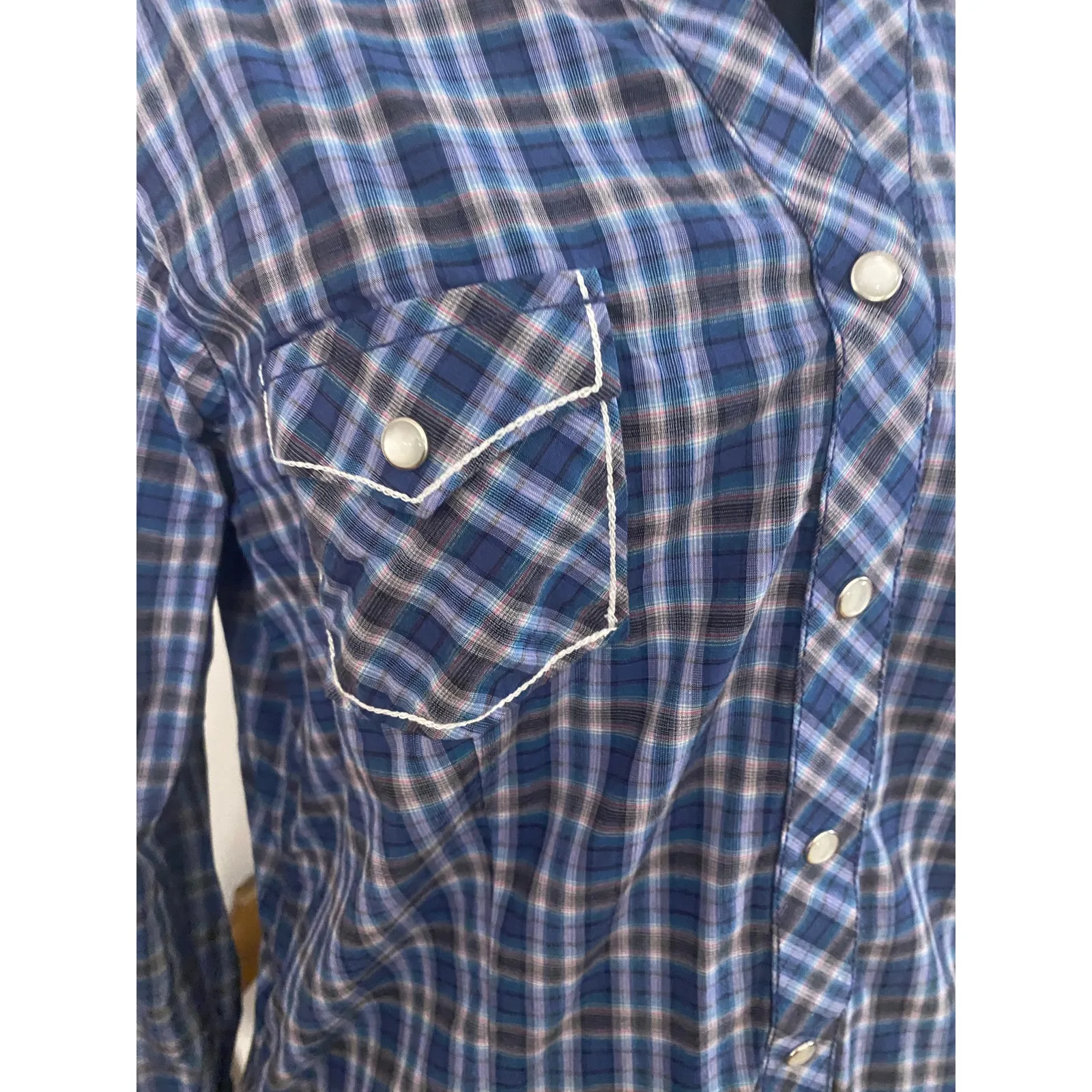 Panhandle Rough Stock Women's Blue Plaid Pearl Snap Western Shirt Medium Cowgirl - Image 8