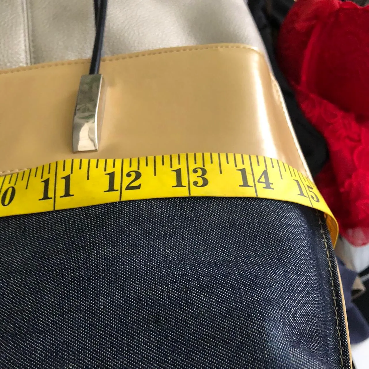 90s/2000s Y2K Vintage Office Siren patchwork checkered rectangular boxy shoulder hand bag purse cream tan beige navy blue denim silver accents. #whimsygoth #fairycore #classic #western boho country gothic - Image 3