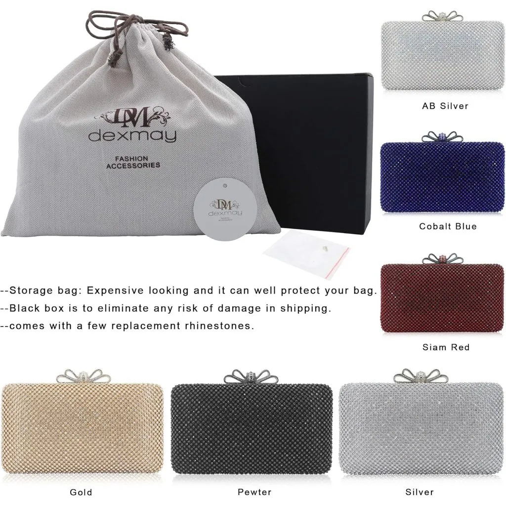 ⚡ Women's Silver Rhinestone Crystal Bow Clasp Metal Chain Evening Clutch Handbag - Image 7