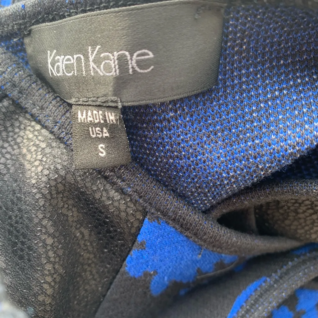 🏷️Karen Kane Royal Blue Black Patterned Dress Small S Faux Leather Floral - Image 7