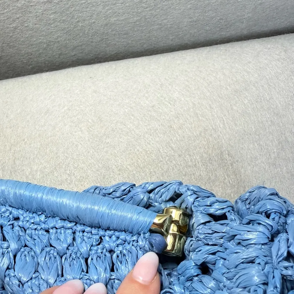 Loeffler Randall Blue Crochet Raffia Trudie Frame Clutch Gold Chain Purse Bag - Image 10