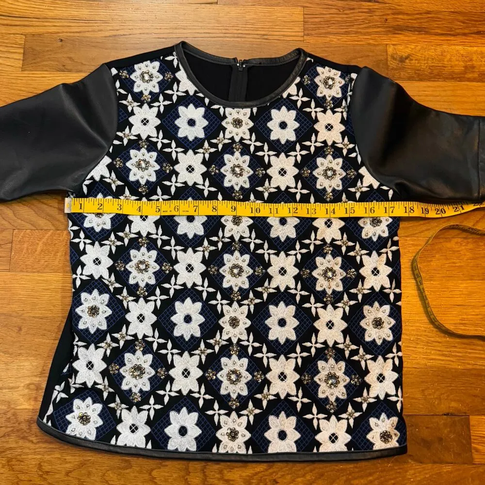 ASOS Womens 2 Pleather Faux Leather Embroidered Beaded Floral Short Sleeve Top - Image 2