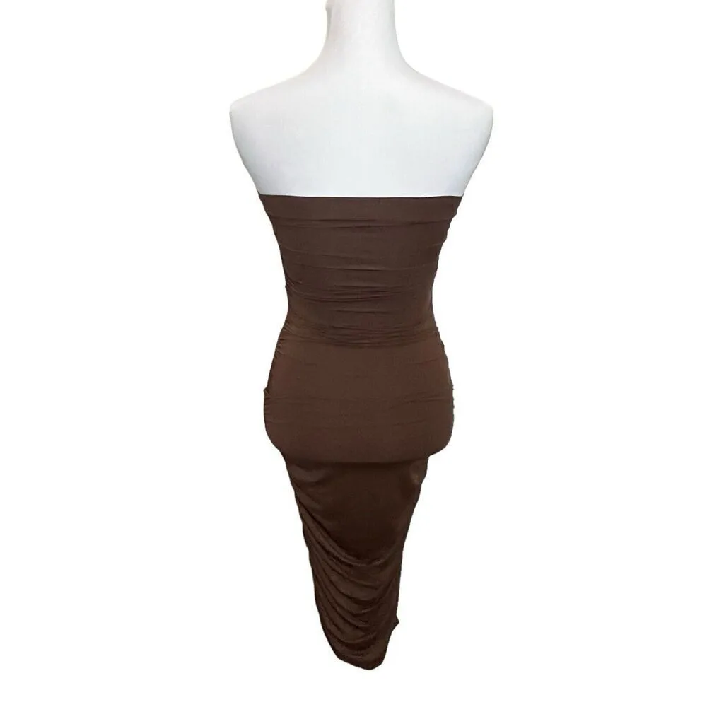 ZARA Strapless Ruched Bodycon Midi Dress Brown Jersey Women’s Size Small - Image 7