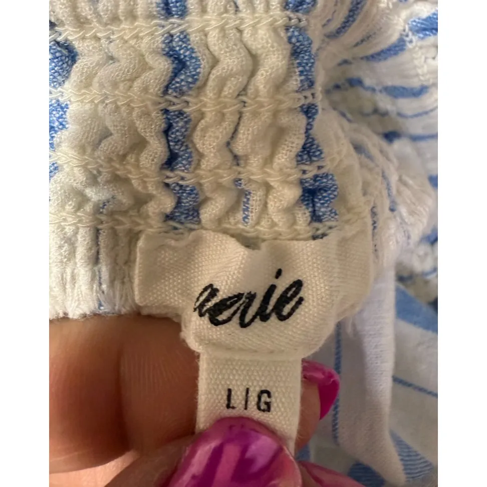 Aerie Linen Blend Shorts Sz L‎ Elastic Waist Blue White Stripe Coastal Beach - Image 3