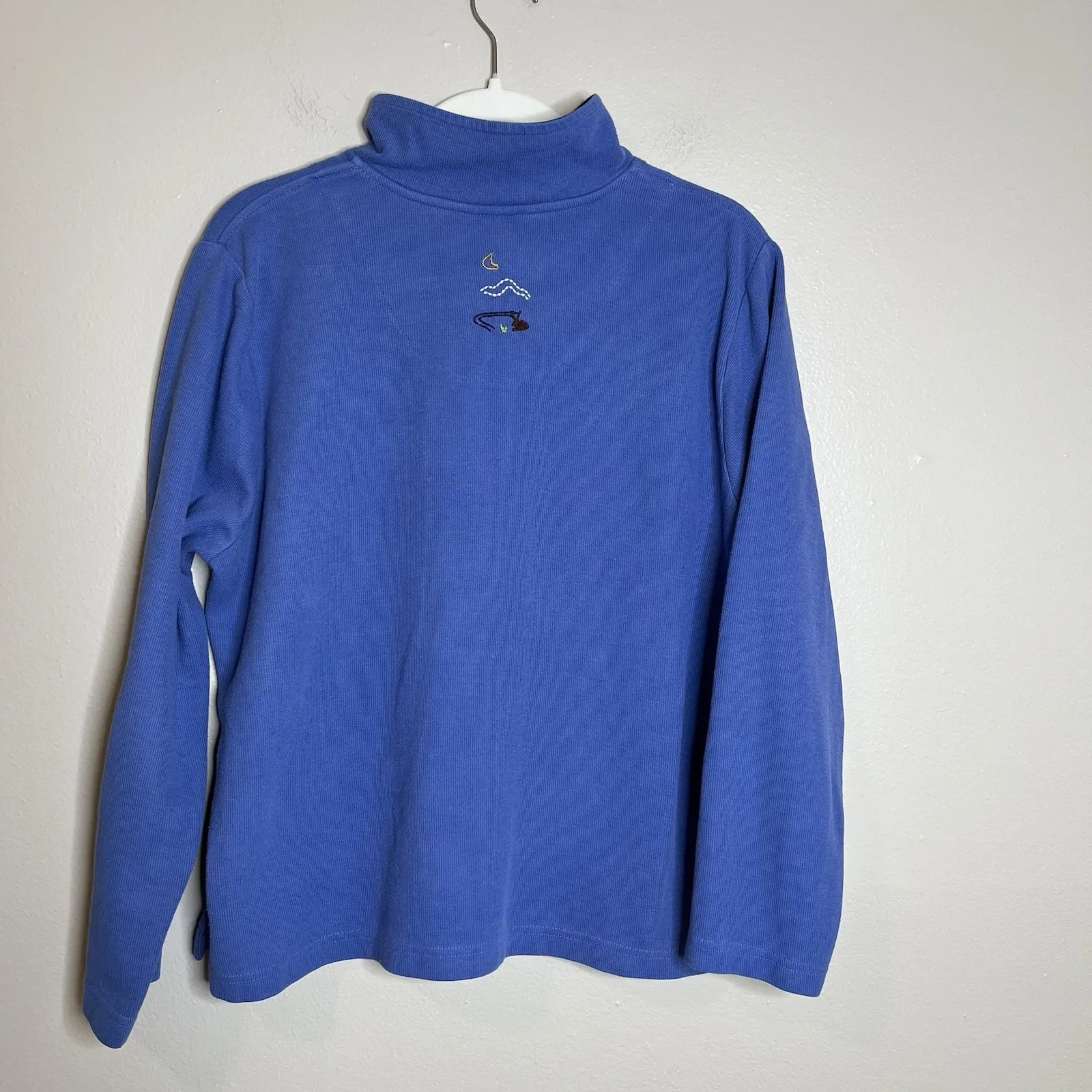 womens quarter zip Pullover Blue Embroidered Preppy Cottage VTG L 90s Nature - Image 5