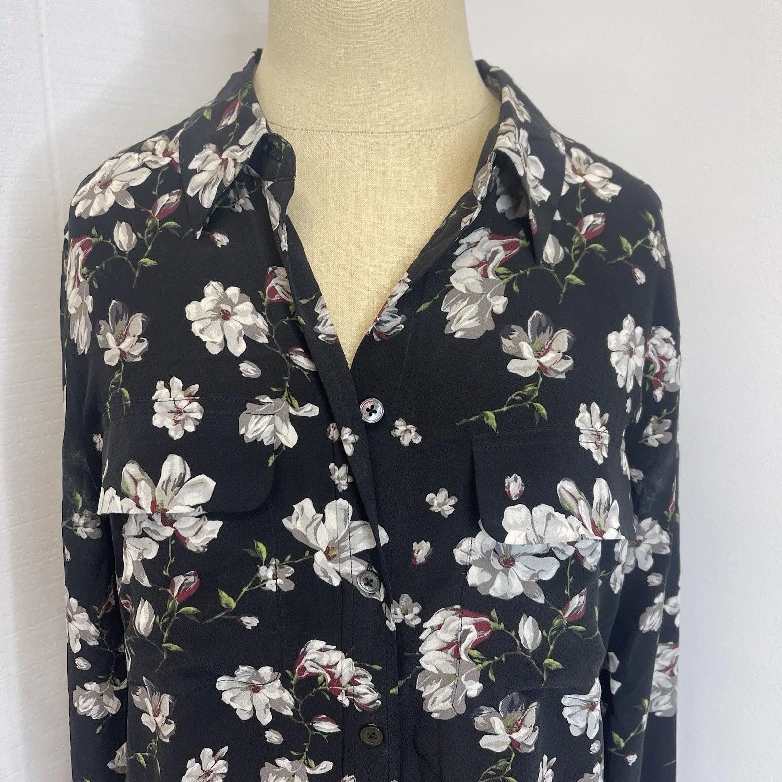 Equipment Femme Silk Shirt Dress Womens Small Black Floral Print Button - Image 3
