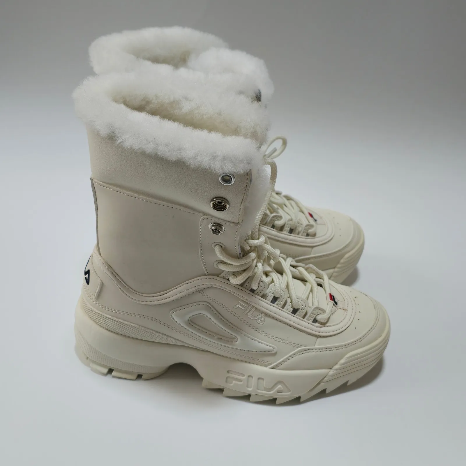 FILA  Disruptor Shearling Cuff Boots Cream Chunky Platform Lace Up Size 7 - Image 3