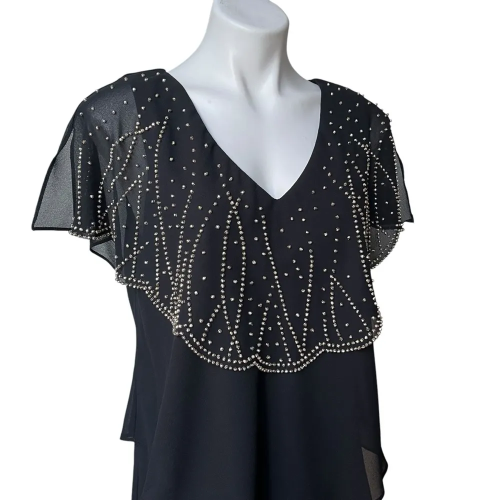 Patra by Joanna Chen Vintage Black Ruffled Gold Beaded Tiered Flapper Dress Size 14 - Image 9