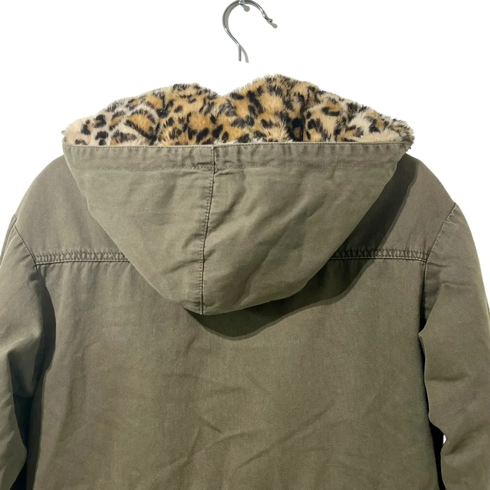 Zara Olive Green Faux Leopard Fur Removable Lining Hooded Winter Parka Coat S - Image 8