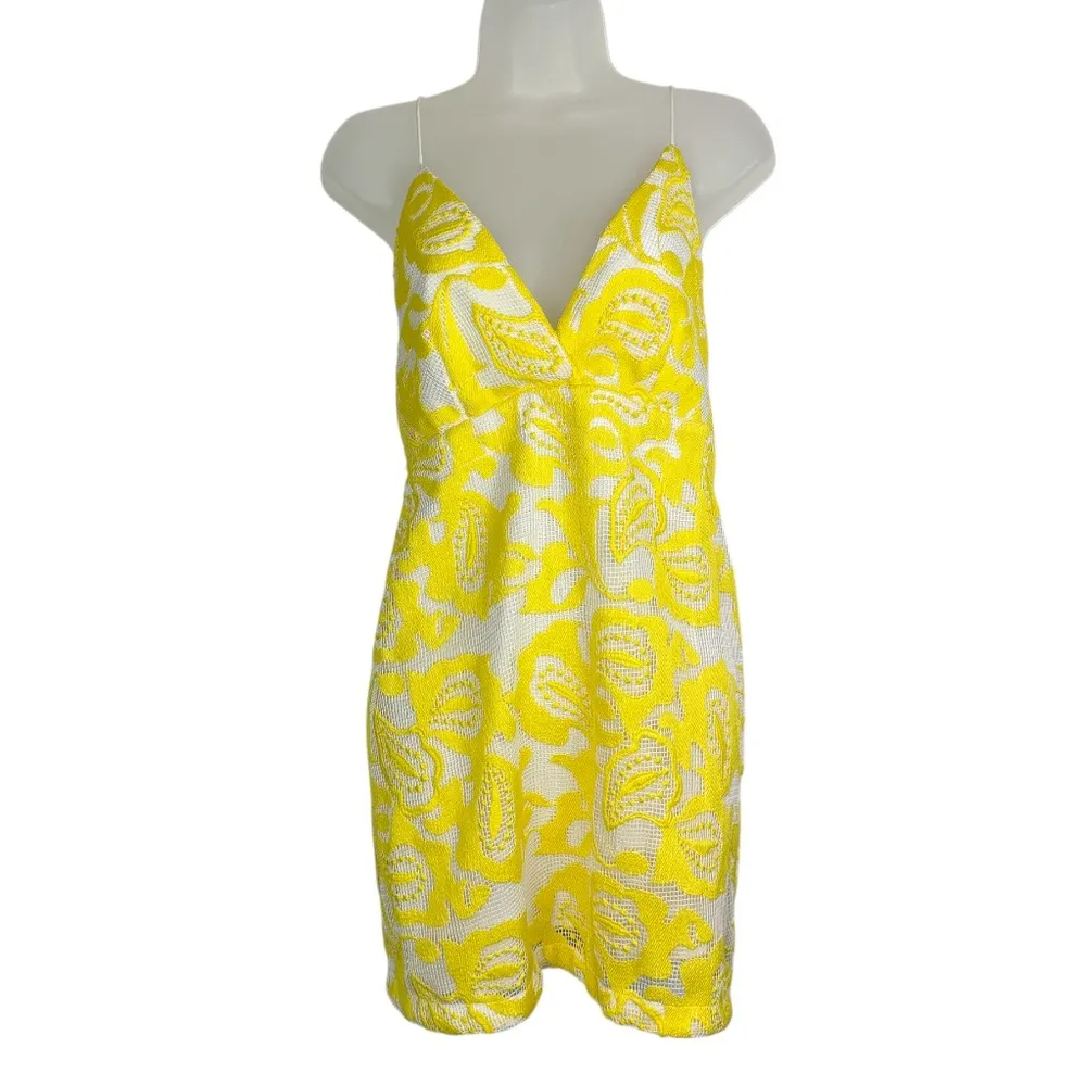 Maeve by Anthropologie Strappy Lace Mini Dress Sz 8 Yellow White Floral - Image 4