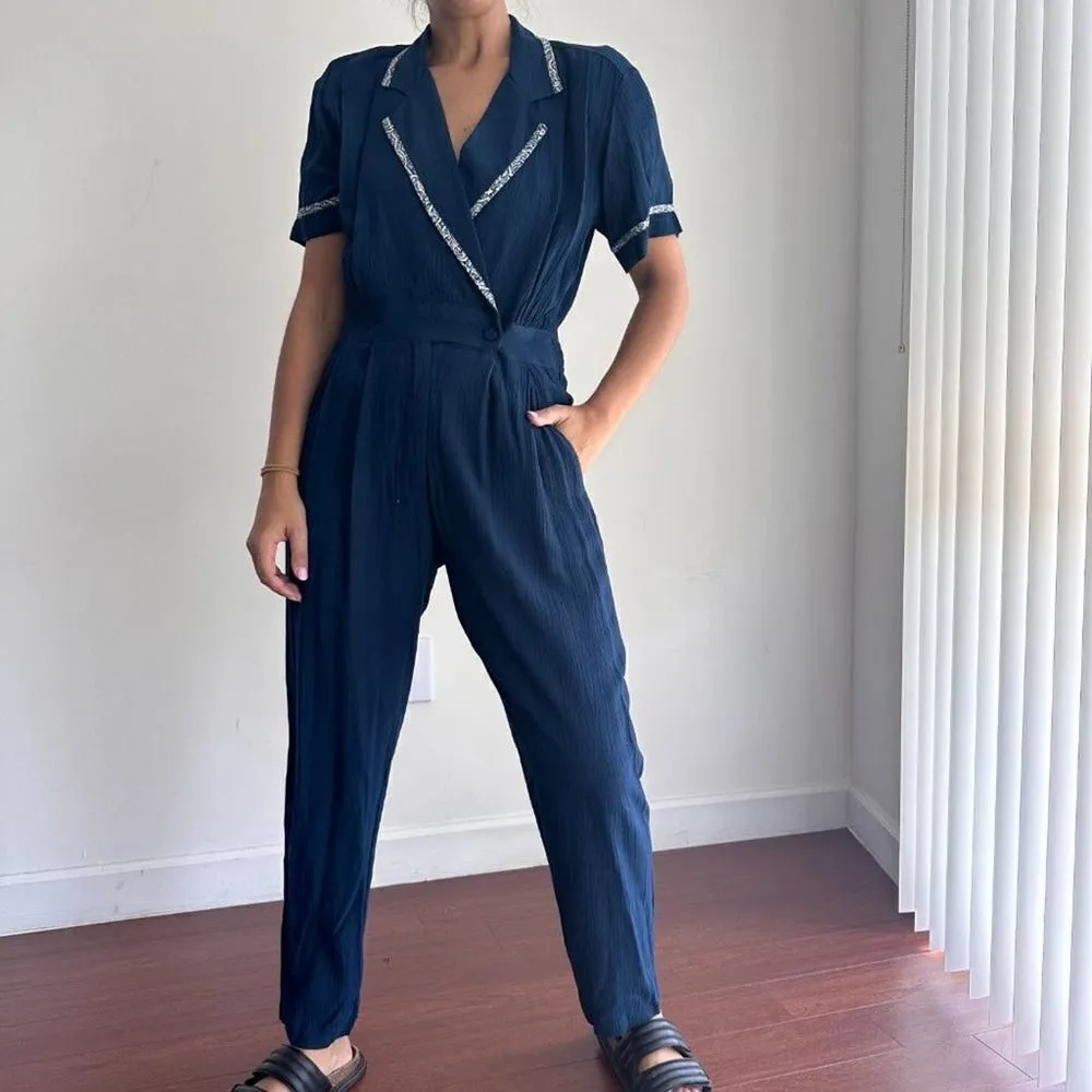 Vintage 80s nautical navy blue jumpsuit Blue Size 4 - Image 4
