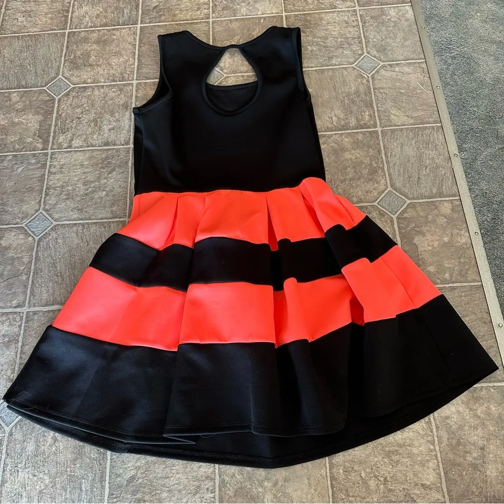 NWOT Crystal Doll Striped Junior Dress Neon Coral Pink/Black Church, Dance, - Image 3