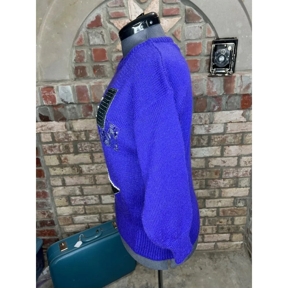 sweater vintage 1980s geometric beads purple black cream Size L - Image 8