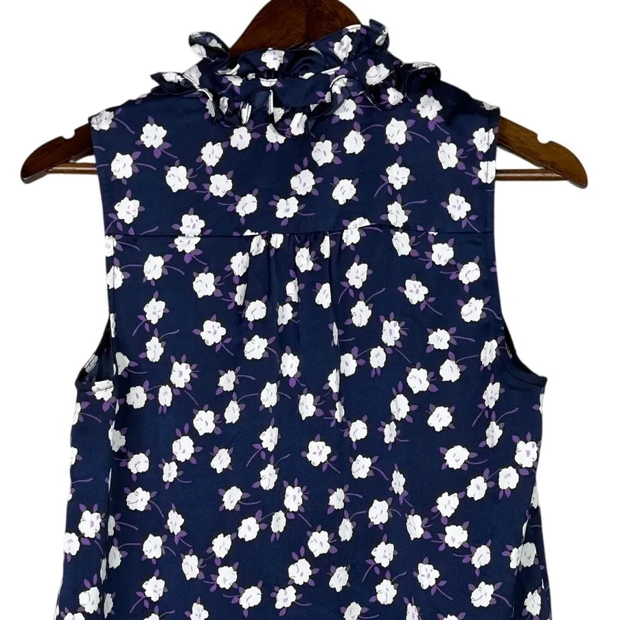 J. Crew Liberty Ruffle Neck Scattered Peony Print Sleeveless VNeck S Blue Purple - Image 7