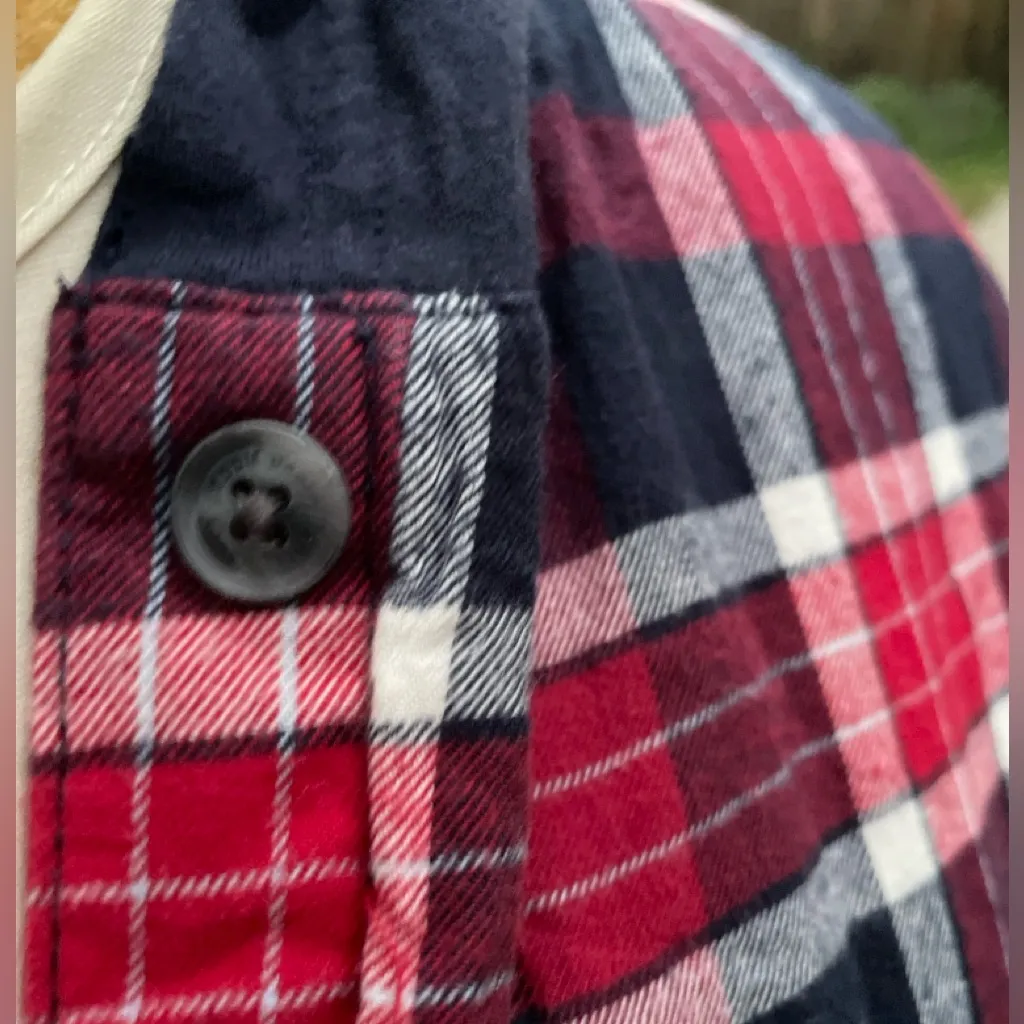 Classic Navy Cotton Garment Hooded hoodie jacket Large L Plaid Women's blue red - Image 7