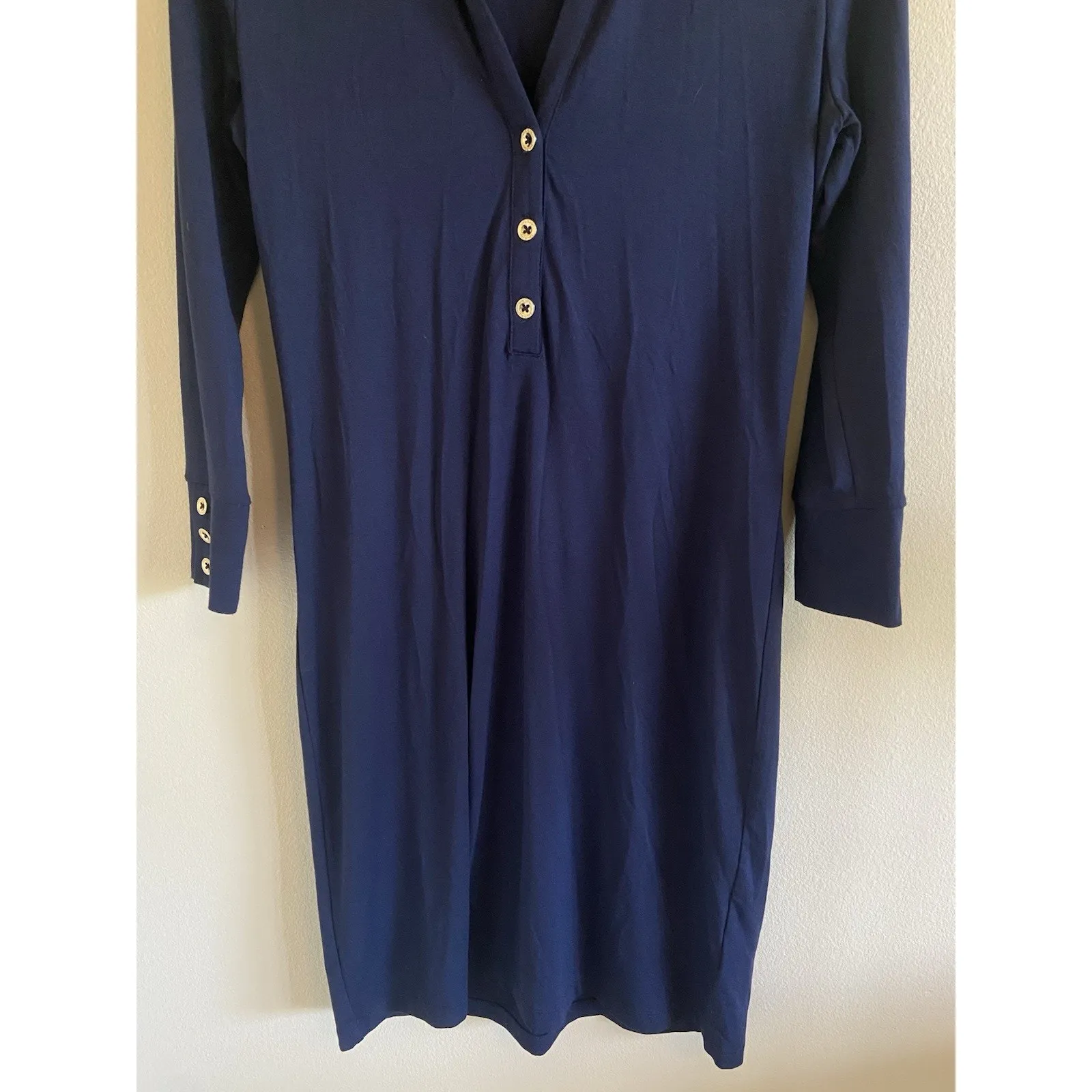 Lilly Pulitzer Navy Blue Gold Tone Button Collared Jersey Knit Dress‎ Womens XS - Image 4
