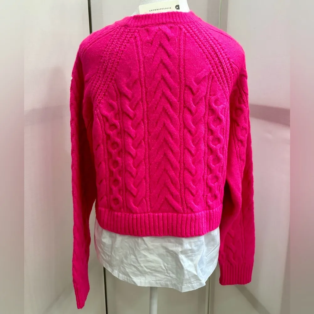 by Anthropologie Layered Cable Knit Sweater. Hot Pink. Size Medium. NWT - Image 3