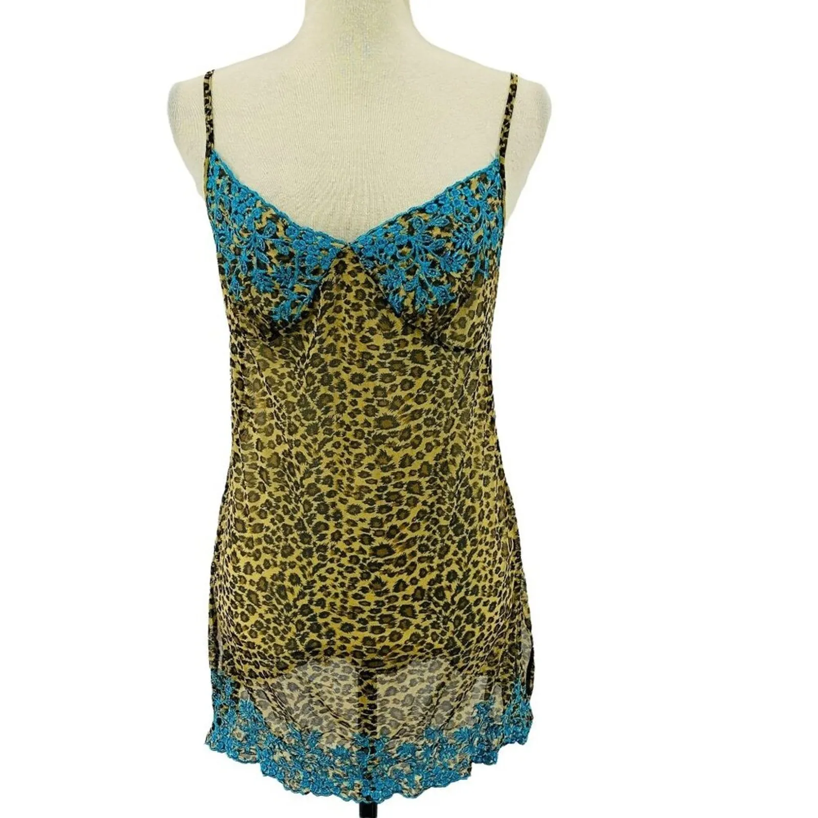 Vintage Y2K Victoria's Secret Babydoll Sheer Leopard Teal Embroidered Nightie M - Image 8