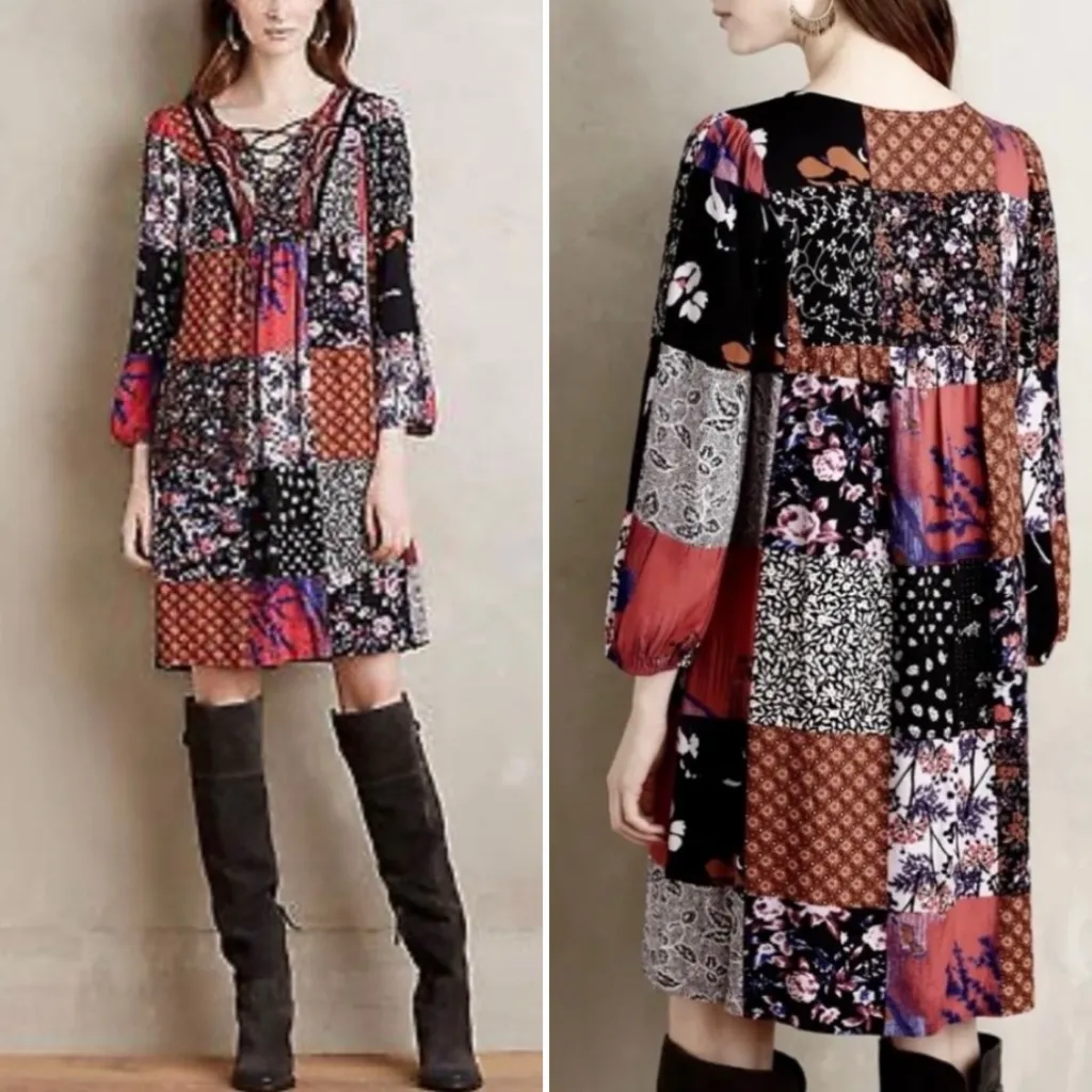 ONE SEPTEMBER Anthro Arcata Patchwork Beaded Lace Up Swing Dress Sz Small💛 Red - Image 2