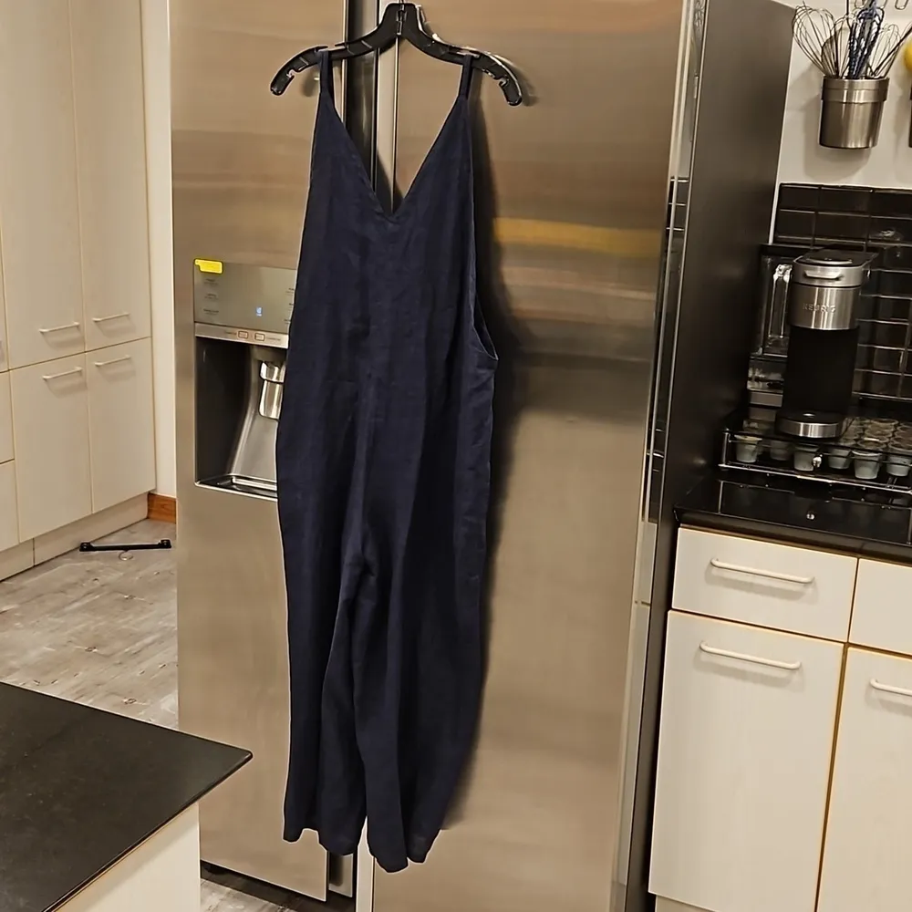 💕FRESH LAUNDRY💕 100% Linen Cropped Wide Leg Jumpsuit Blue Large *Flawed* NWOT - Image 3