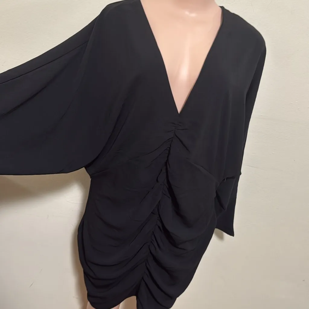 H&M black gathered dress woman size XL long sleeve v neck - Image 5