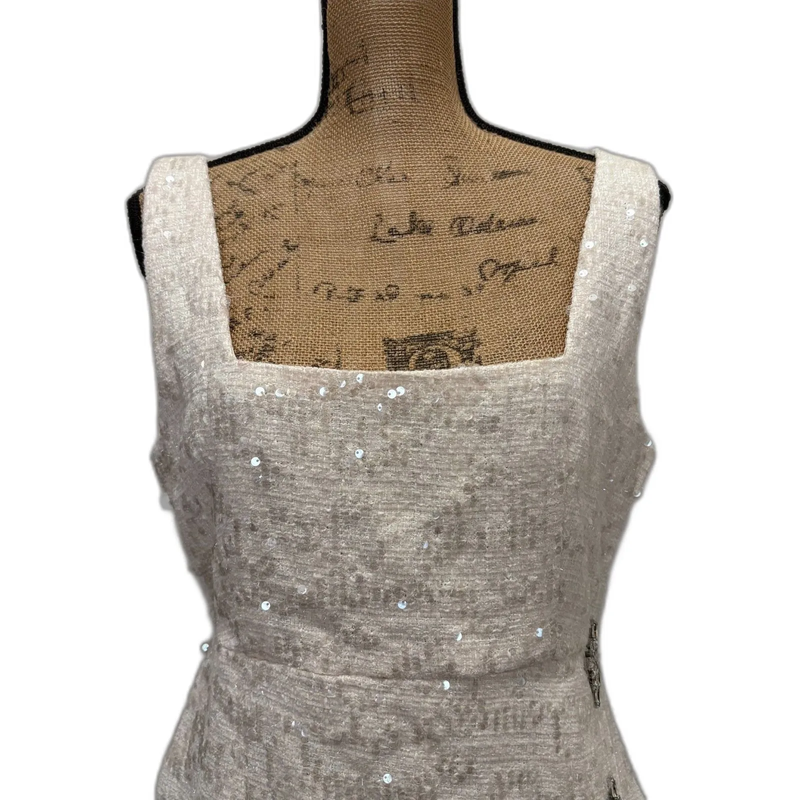 NWT Fore Glittery Poise Tweed Mini Dress Cream Sequin Embellished Size‎ Large - Image 3