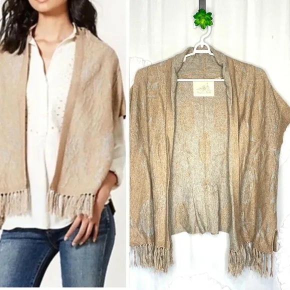 ANGEL OF THE NORTH Anthropologie Icebloom Fringe Open Cardigan Tan Gray Size L - Image 2
