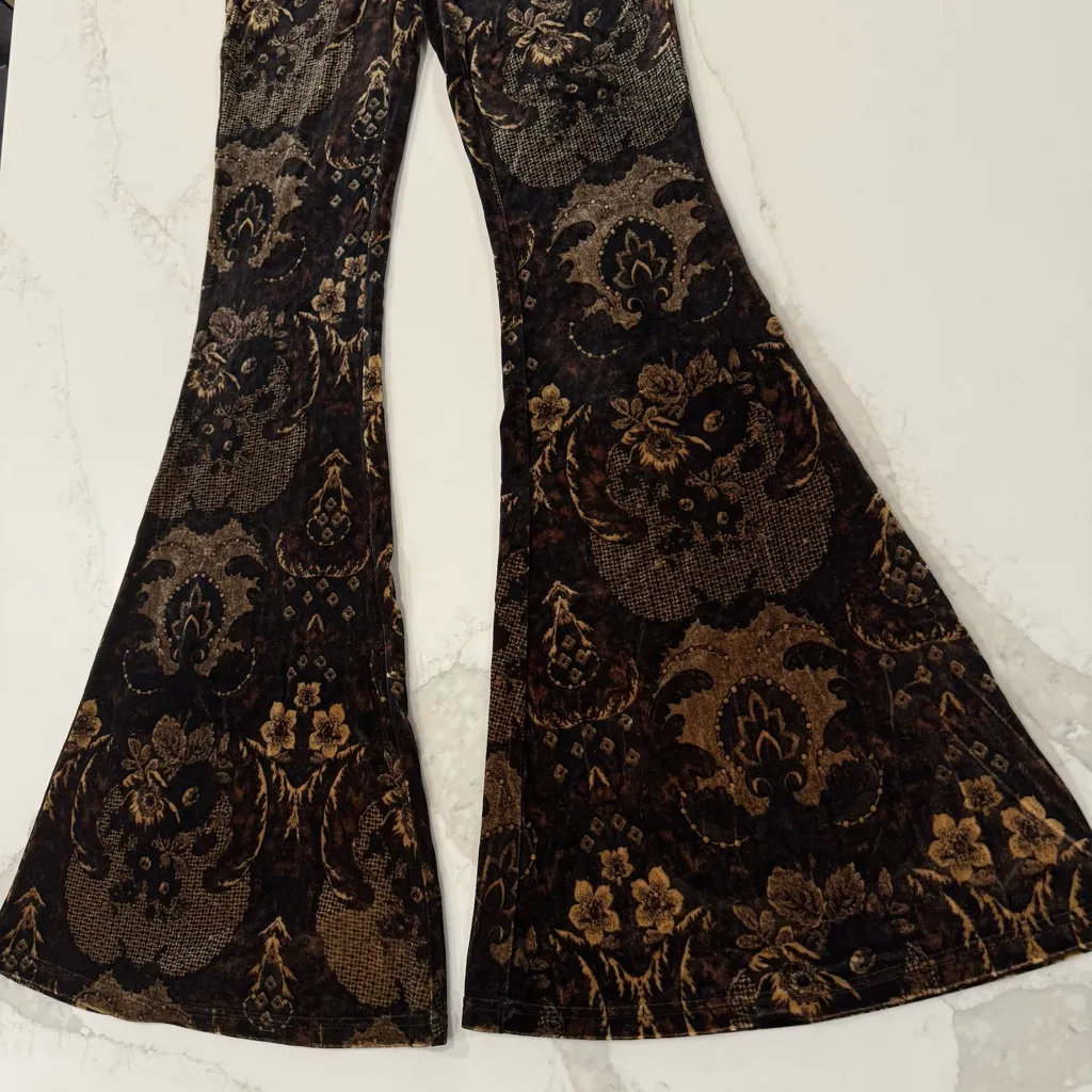 Free People Maura Printed Velvet Flare Pull On Pants Womens XS Brown FloralMulti - Image 5