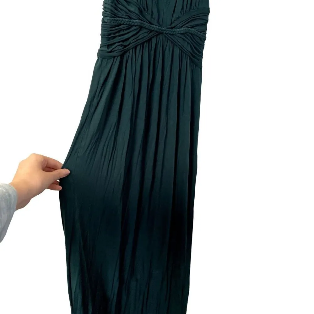 Max Studio ruched comfortable green maxi dress gown formal flattering keyhole - Image 3