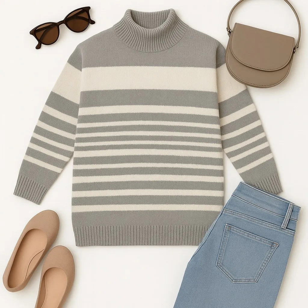 Haberdasher Vintage Silk Blend Gray White Striped Turtleneck Sweater Size S EUC - Image 8