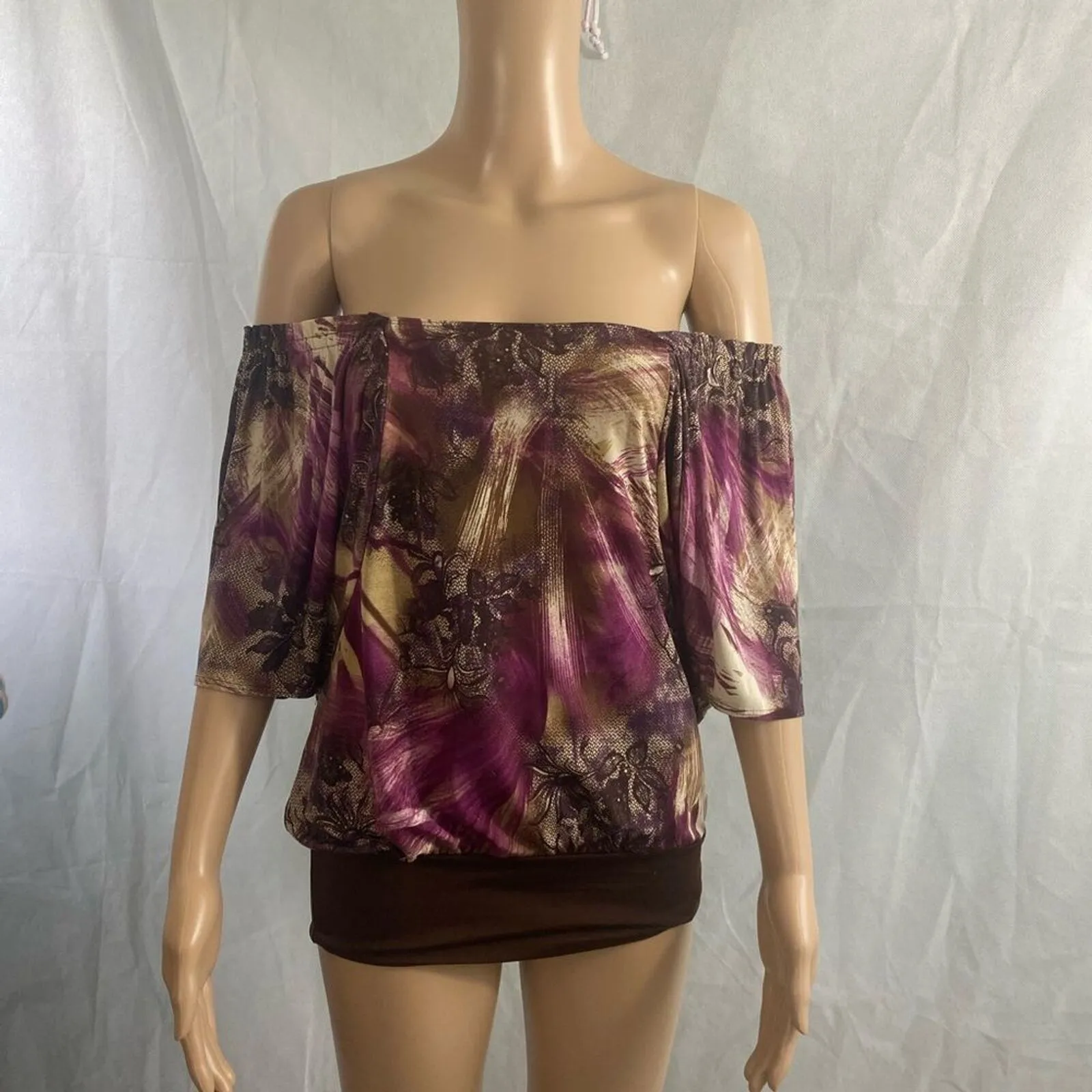 Charlotte Russe‎ Floral size small Blouse purple black beige short sleeve Y2K - Image 2