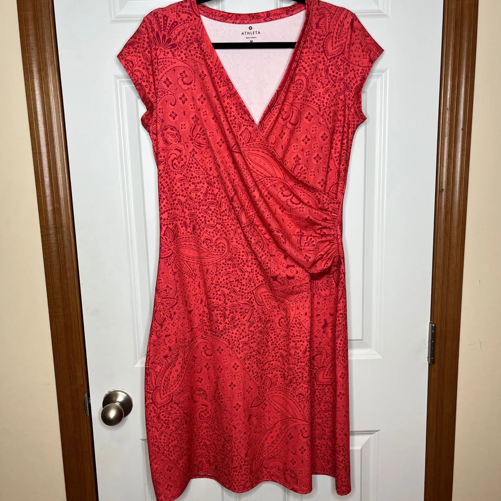 Athleta Nectar Medium Red Paisley Print Faux Wrap Cap Sleeve Knee Length Dress - Image 2