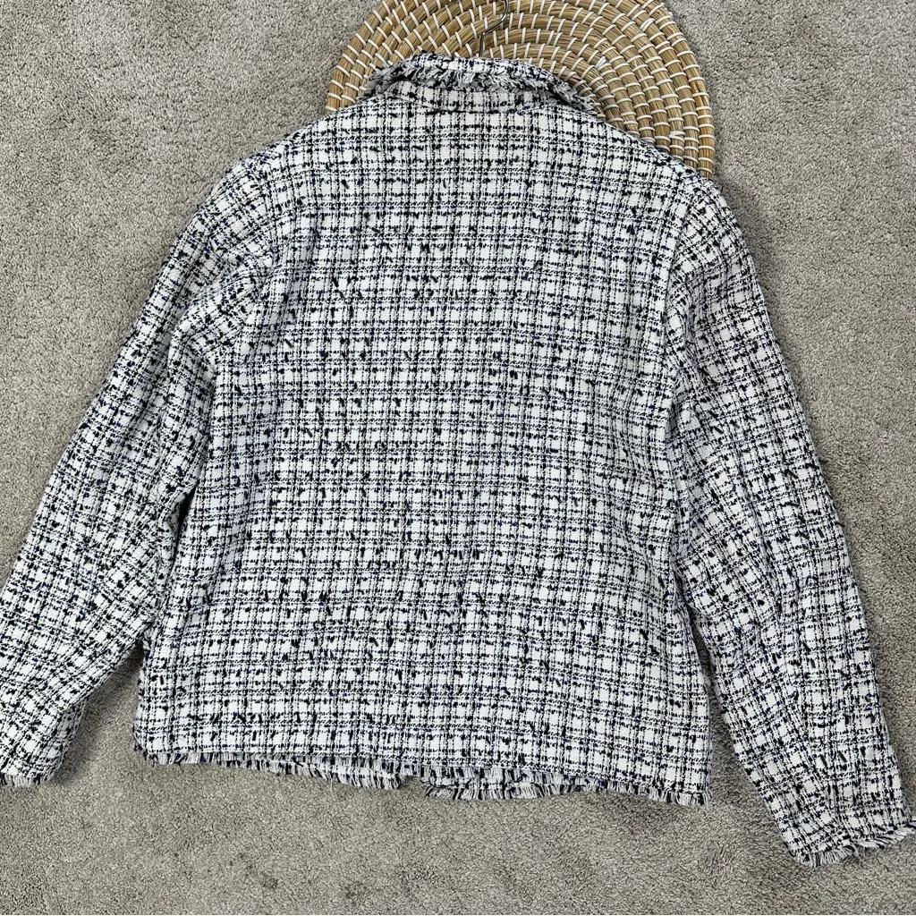 H&M Women’s Textured Tweed Speckled Blazer Jacket Fringe Lined in White Black 12 - Image 10