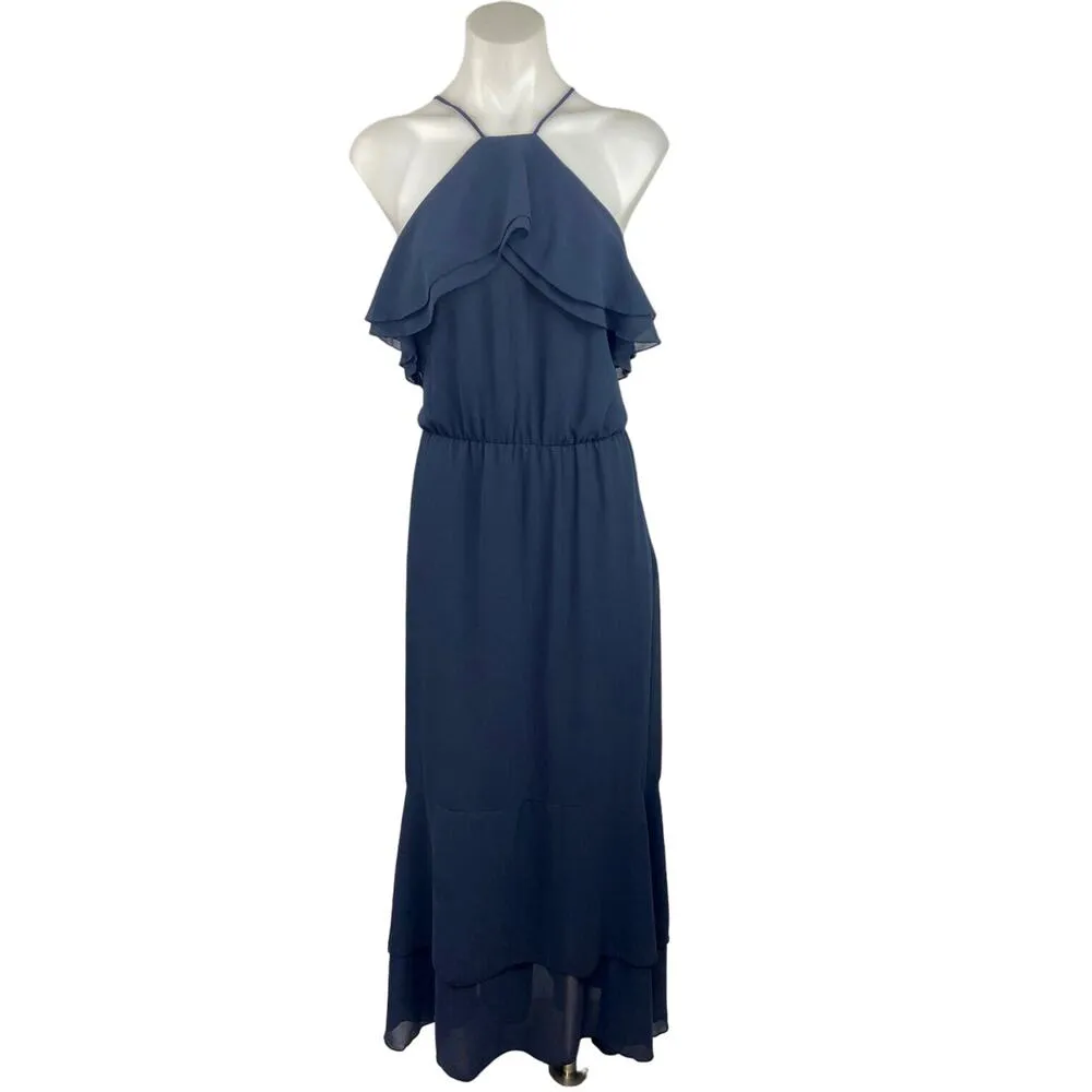 H&M Navy Blue Chiffon Sleeveless Halter Tiered Frilly Party Wedding Maxi Dress 8 - Image 2